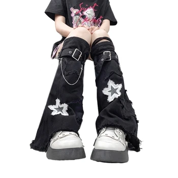 Moterų Denims Kojų Šildytuvus Merginos 80s Harajuku Punk Kelio Didelės Kojos Puskojinės Preppy Kojinės Gotikos Drabužių Y2K Streetwear
