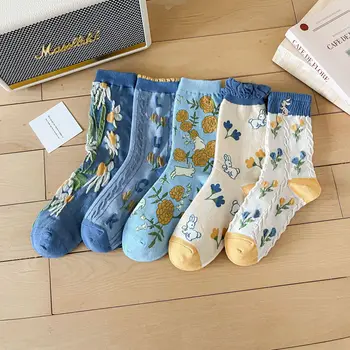 Mėlynos Kojinės Gėlių Spausdinti Derliaus Ilgai Kojinės Moterims Japonijos Mados Harajuku Retro Streetwear Saldus Mergaičių Kawaii Mielas Įgulos Kojinės