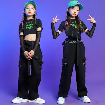Tankų Kombinezonas Kelnės Mergaitėms Džiazo Šokio Streetwear Kostiumai Vaikams Punk Hip-Hop Drabužių Kpop Komplektus Marškinėlius su Pirštines