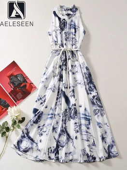 AELESEEN Dizainerio Mados Moterų Vasaros Suknelė be Rankovių Retro Mėlynos spalvos Gėlių Spausdinti Diržo Raukiniai Derliaus Ilgą Atostogų
