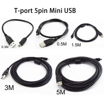 T-port Mini USB 5pin Duomenų Įkrovimo Laidas 0,3 M 0,5 M 1,5 M 3M 5M USB 2.0 Greitas Įkroviklis MP3 MP4 Grotuvas Automobilių DVR Skaitmeninis Fotoaparatas