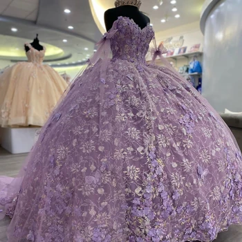 Sparkly Violetinė Brangioji Princesė Kamuolys Suknelė Quinceanera Suknelę nuo Peties Nėrinių 3DFlower Su Laivapriekio Saldus 16 Suknelė Vestidos D