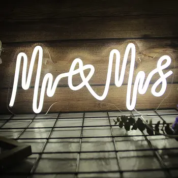 Mr & Mrs Neoninės Šviesos Ženklai Baltas LED Neon Požymiai Vestuvės Vestuvinis Miegamojo Sienų Dekoras Su Pritemdomi USB Jungiklis Neoninis Ženklas
