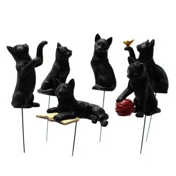 6Pcs Miniatiūriniai Dervos Juodos Katės Statulėlės su Švyti Tamsoje Švytinčios Akys Sodo Kuolo Statulos Ornamentu Lauko Kiemas