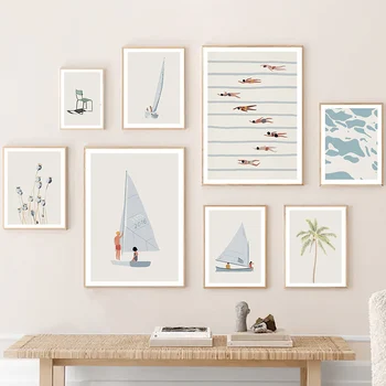 Pritaikoma Burlaivis Baseinas Vandenyno Gėlių Minimalistinę Tapybos Sienos Menas, Plakatų ir grafikos Sienos Nuotrauka už Kambarį