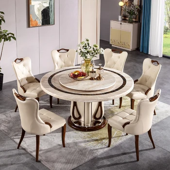 Prabangaus marmuro apskritojo stalo, Europos stiliaus valgomasis stalas ir kėdės derinys, namų apyvokos apskritojo stalo su patefonu