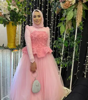 3D Gėlės Saudo Arabija Prom Dresses 2023 Mados-Line ilgomis Rankovėmis Tiulio Oficialus Šalies Suknelė Rožinės spalvos vakarinę Suknelę