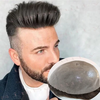 Patvarus, Stiprus Odos PU Bazės Toupee Vyrų Europos Mergelės Žmogaus Plaukų Sistema Mens Hairpieces su Mazgų, Kapiliarų Protezas